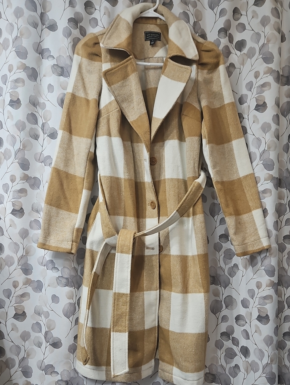G by Giuliana Camel & White Plaid Belted Trench Coat